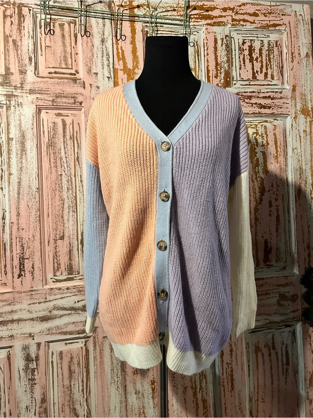 SHEIN Peach Lavender Cream Colorblock V-Neck Button Cardigan